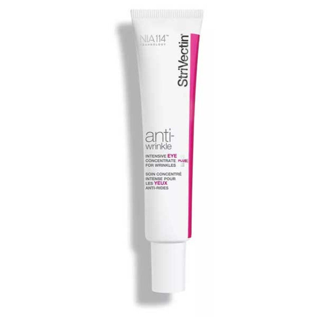 Weiße Tube mit pinkfarbenem Streifen. Text: Strivectin, anti-wrinkle, Intensive Eye Concentrate for Wrinkles. Produkt für Augen.