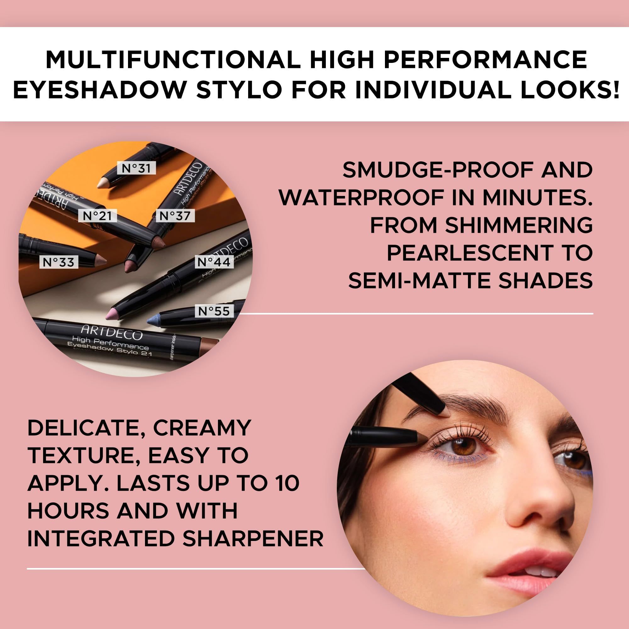 Werbung für Eyeshadow Stylo. Text: Multifunktional, wasserfest, verschiedene Farben.