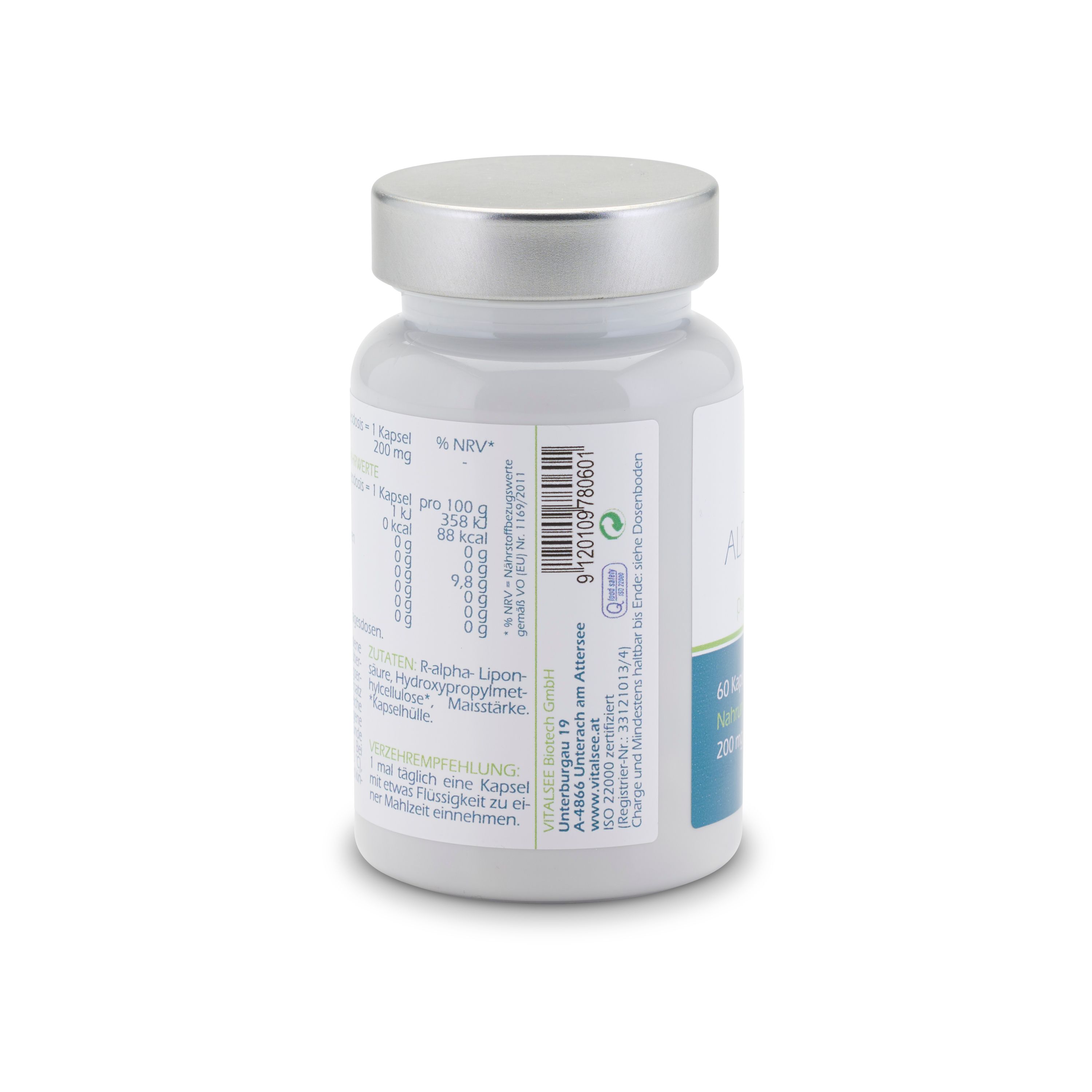 Rückseite des Pillenfläschchens. Enthält Informationen zu Nährwerten, Inhaltsstoffen und Verzehrempfehlung.