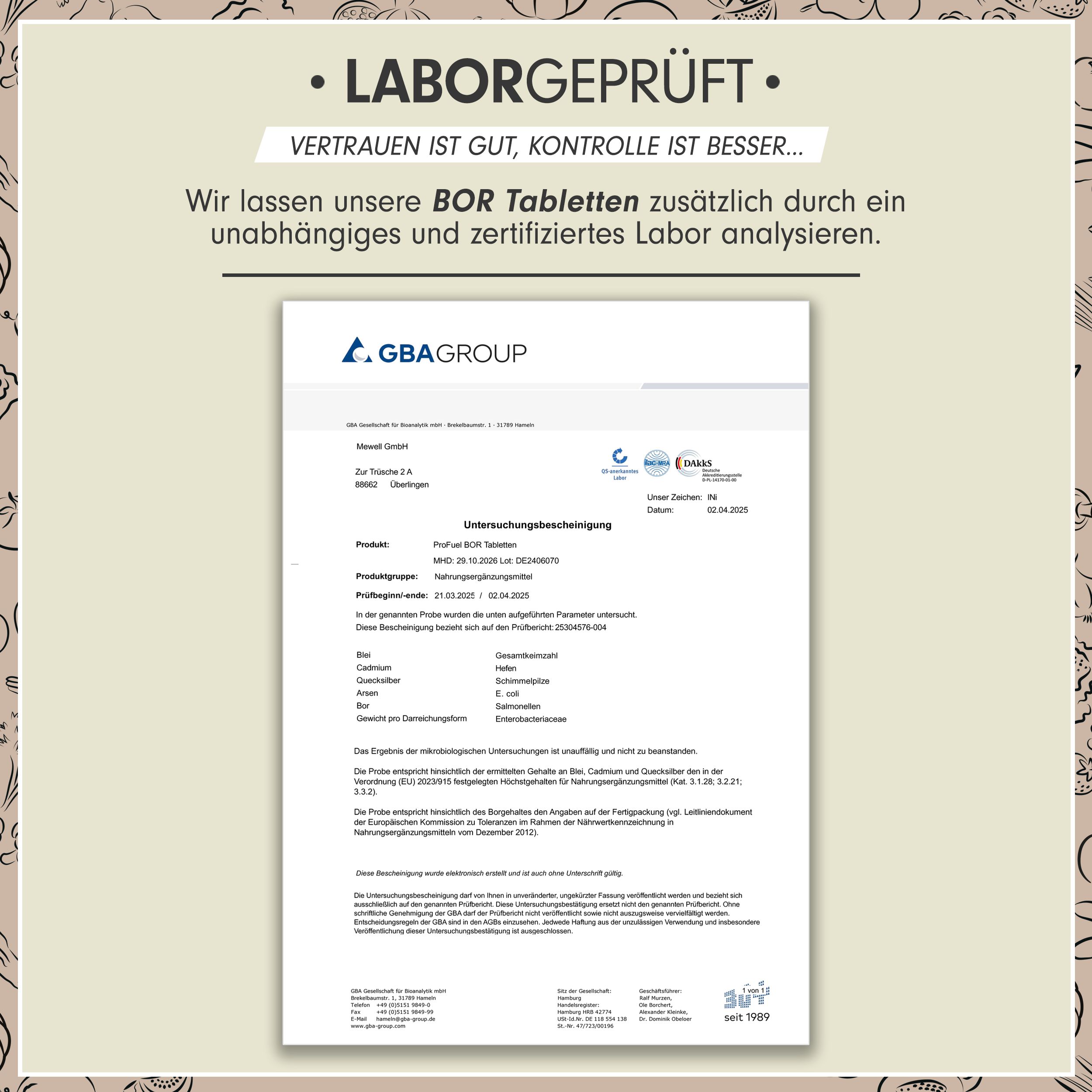 Laborbericht. Text: GBA Group, Analyse von BOR-Tabletten. Ergebnisse und Zertifizierung.