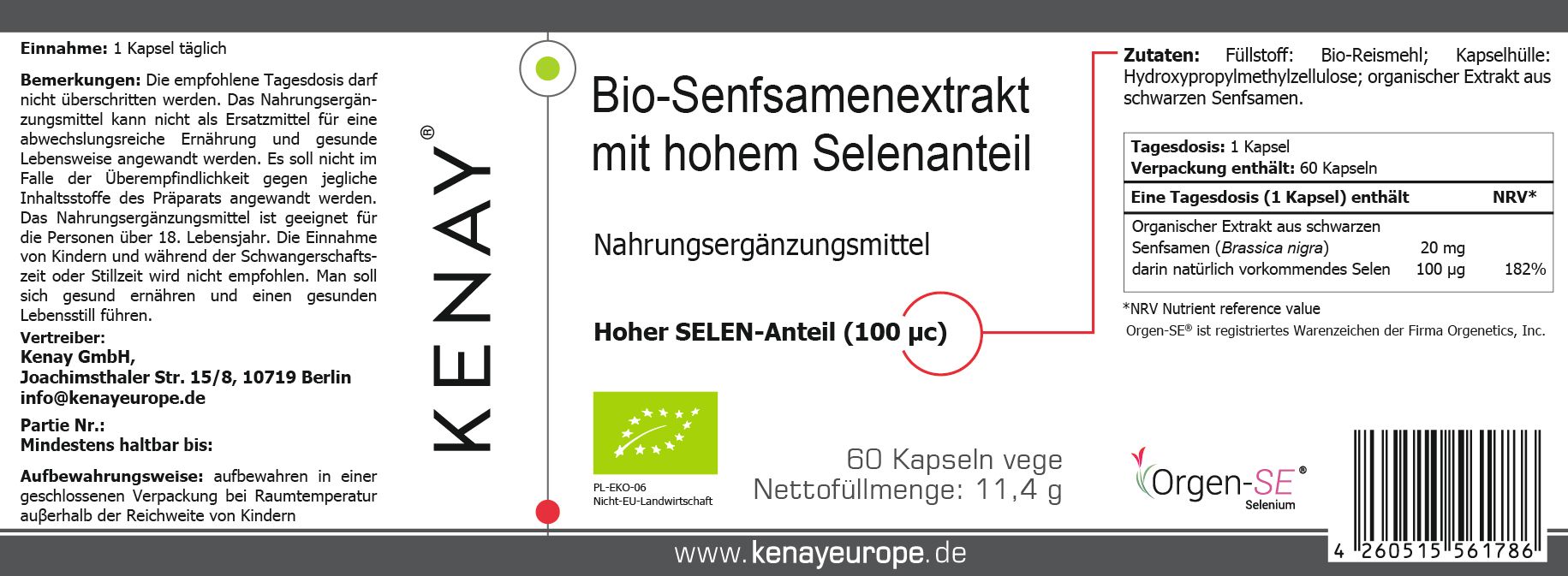 Etikett mit Produktinformationen. Bio-Senfsamenextrakt mit hohem Selenanteil. KENAY-Logo. 60 Kapseln. Bio-Siegel.