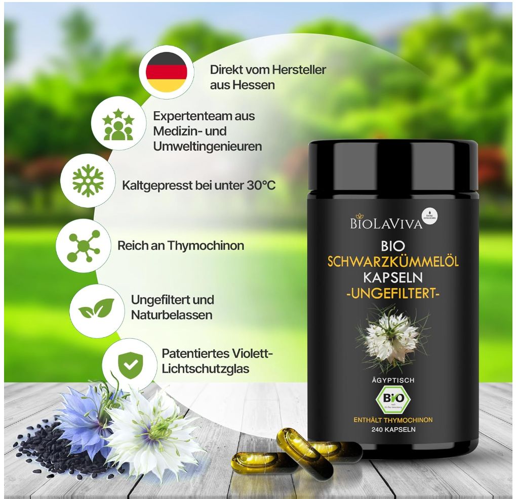 Schwarze Kapsel-Dose mit Text und Logos. Aufschrift: BIOLAVIVA BIO-Schwarzkümmelöl Kapseln. Mit BIO-Siegel, 240 Kapseln. Flagge Deutschland.