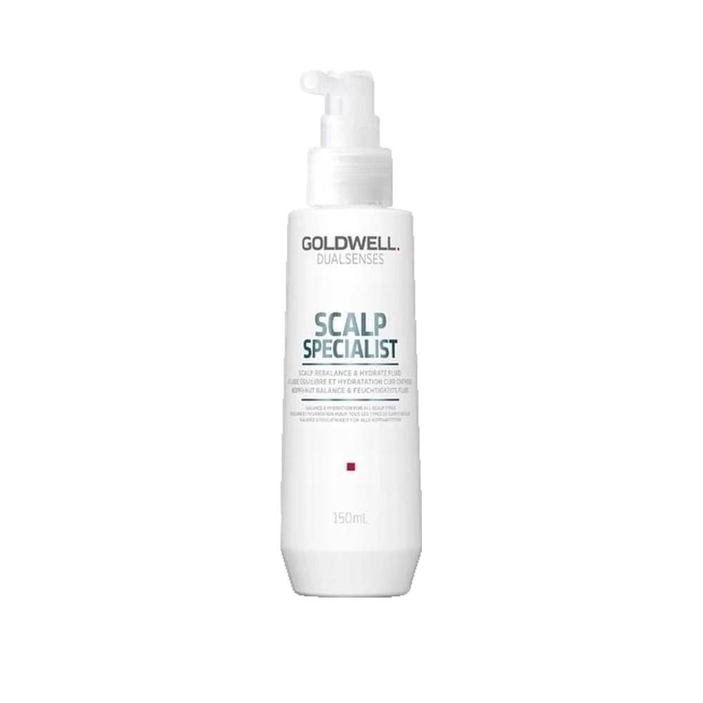 Weiße Flasche mit Pumpe. Beschriftung: Goldwell Dualsenses, Scalp Specialist. Text: Für revitalisierte & hydratisierte Kopfhaut. 150ml.