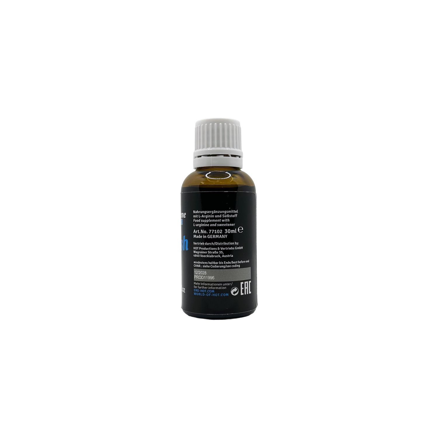 Rückseite einer Flasche mit detaillierten Produktinformationen und Inhaltsstoffen.