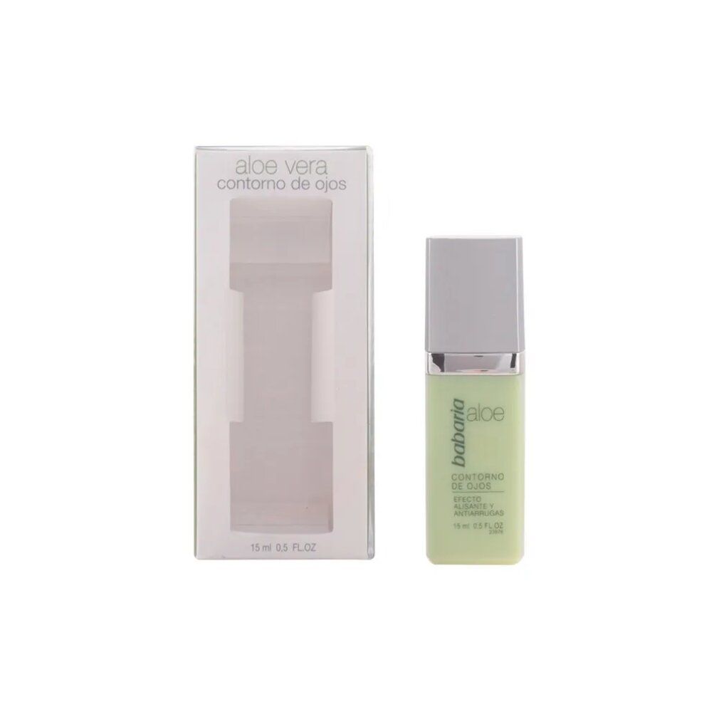 Aloe Vera Augencreme und Verpackung. Flasche mit silbernem Deckel und grüner Beschriftung. Text: Babaria, Contorno de Ojos, 15 ml.