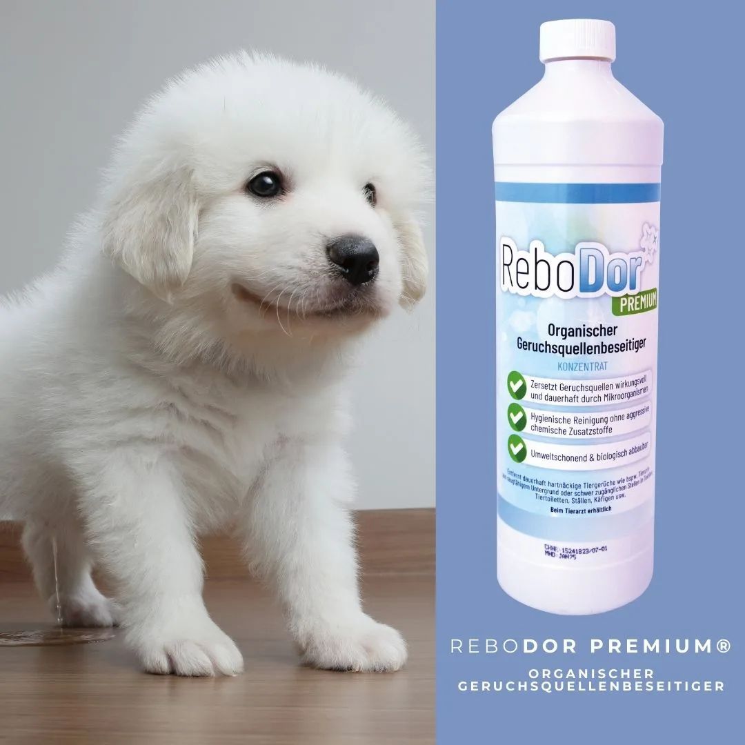 ReboDor Premium mit Welpen, Flasche daneben.
