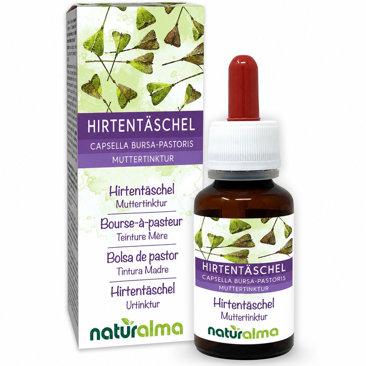 Flasche und Karton mit Hirtentäschel-Urtinktur von naturalma.
