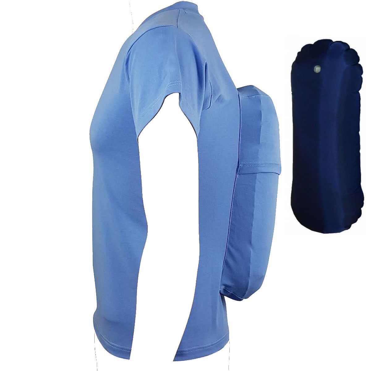 Blaues Shirt mit aufblasbarem Rückeneinsatz. Seitliche Ansicht. Separater, aufblasbarer Zylinder.