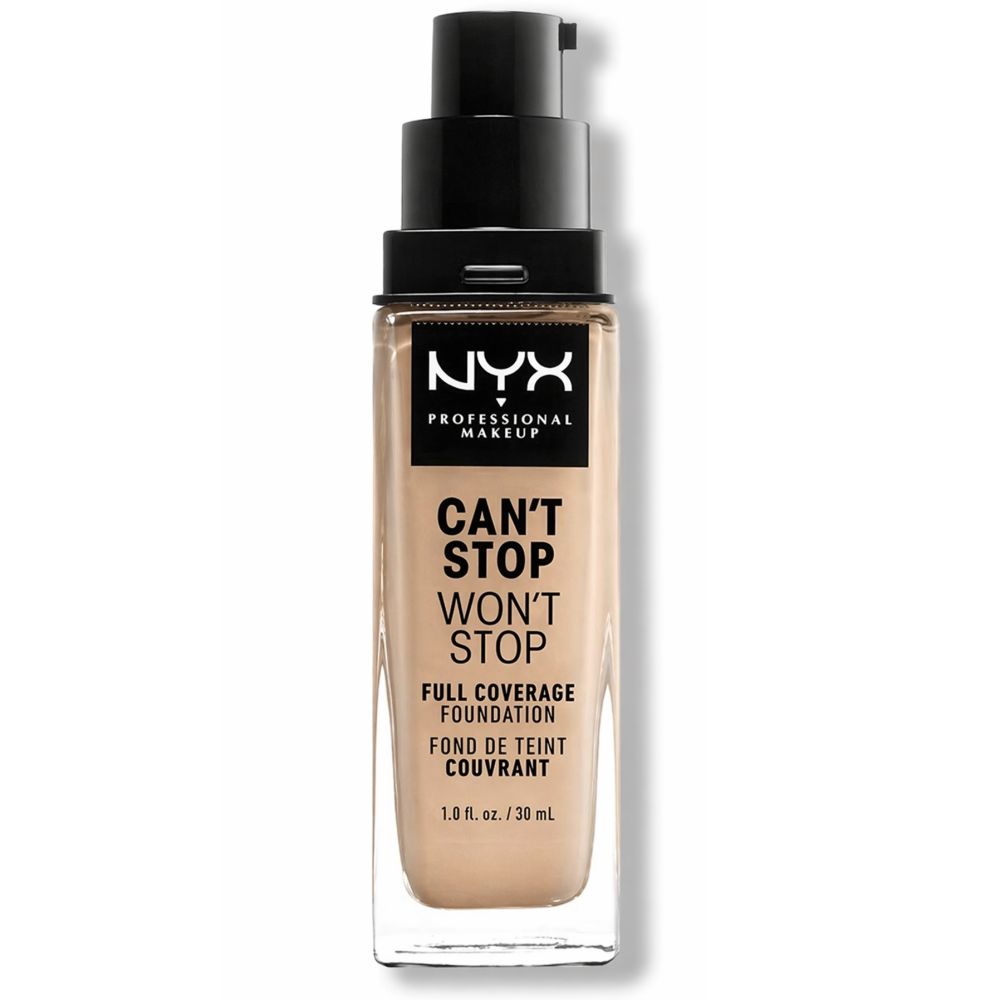 Flüssige Foundation in Glasflasche mit schwarzem Pumpverschluss. Aufschrift: NYX PROFESSIONAL MAKEUP, CAN'T STOP WON'T STOP, FULL COVERAGE FOUNDATION.