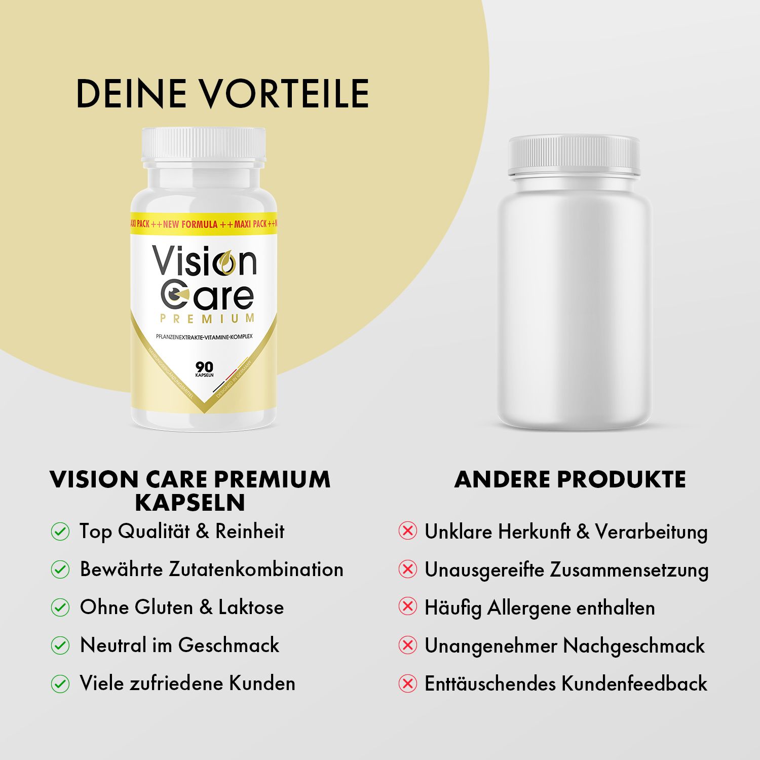 Vision Care Premium-Kapseln neben einer Liste mit Vorteilen und Nachteilen anderer Produkte. Vorteile: Top Qualität & Reinheit, etc.