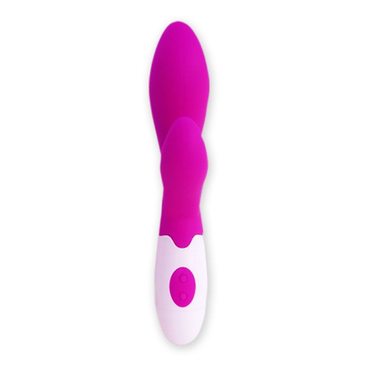 Lila und weißer Vibrator mit zwei flexiblen Stimulatoren und zwei Knöpfen am Griff.