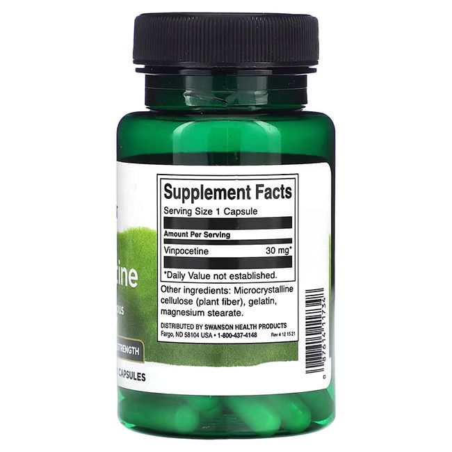 Grüne Flasche mit schwarzem Deckel. Rückseite mit Nährwertangaben. Enthält Vinpocetin 30 mg. Zutatenliste.