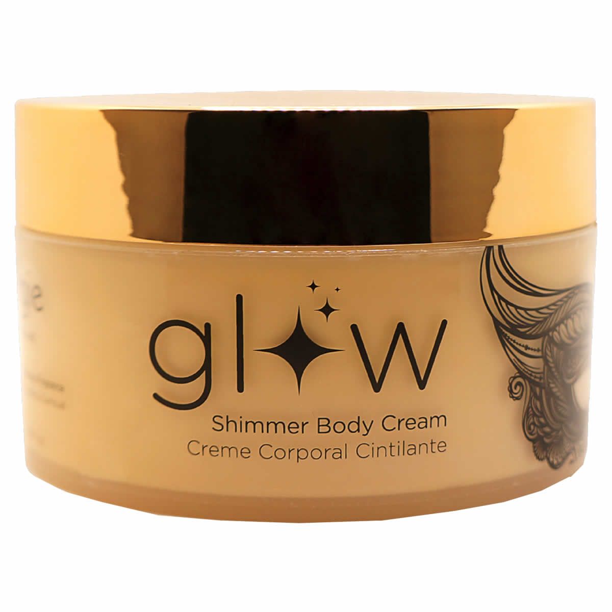 Beige Creme in einem runden Tiegel mit goldenem Deckel. Aufschrift "glow" und "Shimmer Body Cream".