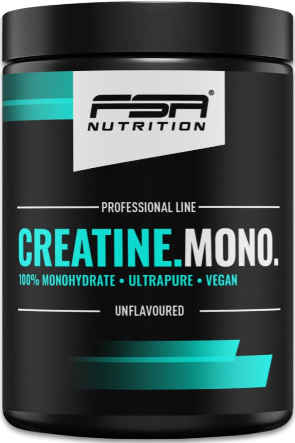 Schwarze Dose mit blauem Etikett. FSA NUTRITION Logo. Text: CREATINE.MONO. 100% Monohydrat, Ultrapure, Vegan, Unflavored.