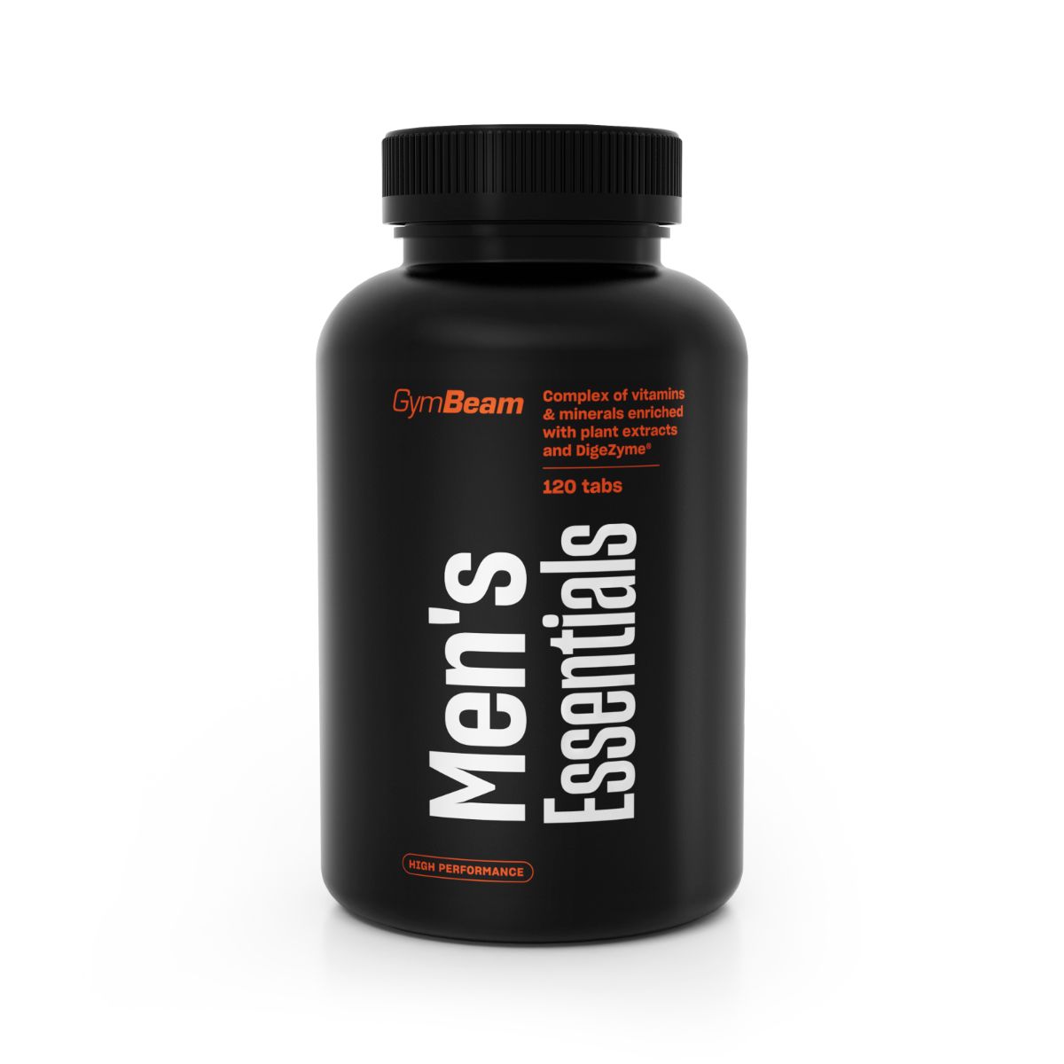 Schwarze Dose mit GymBeam Men's Essentials Multivitamin-Tabletten. Enthält 120 Tabletten.