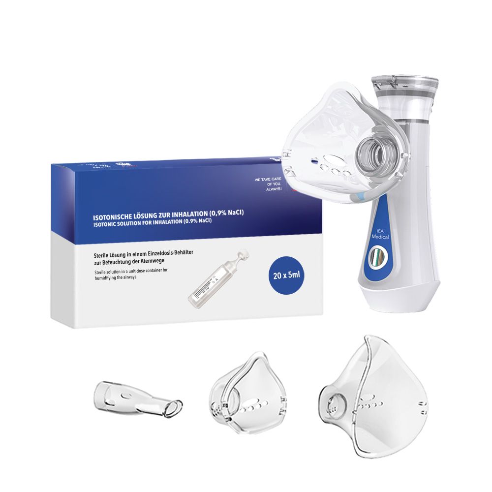 Inhalationsgerät-Set mit Masken, Mundstück und Kochsalzlösung. Enthält Gerät, Masken, Mundstück und Kochsalzlösung in Verpackung.