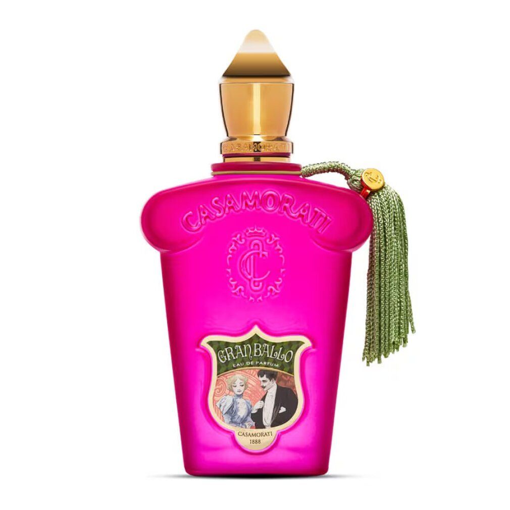 Rosa Flakon mit goldener Kappe und Quaste. Text: Casamorati, Gran Ballo, Eau de Parfum.