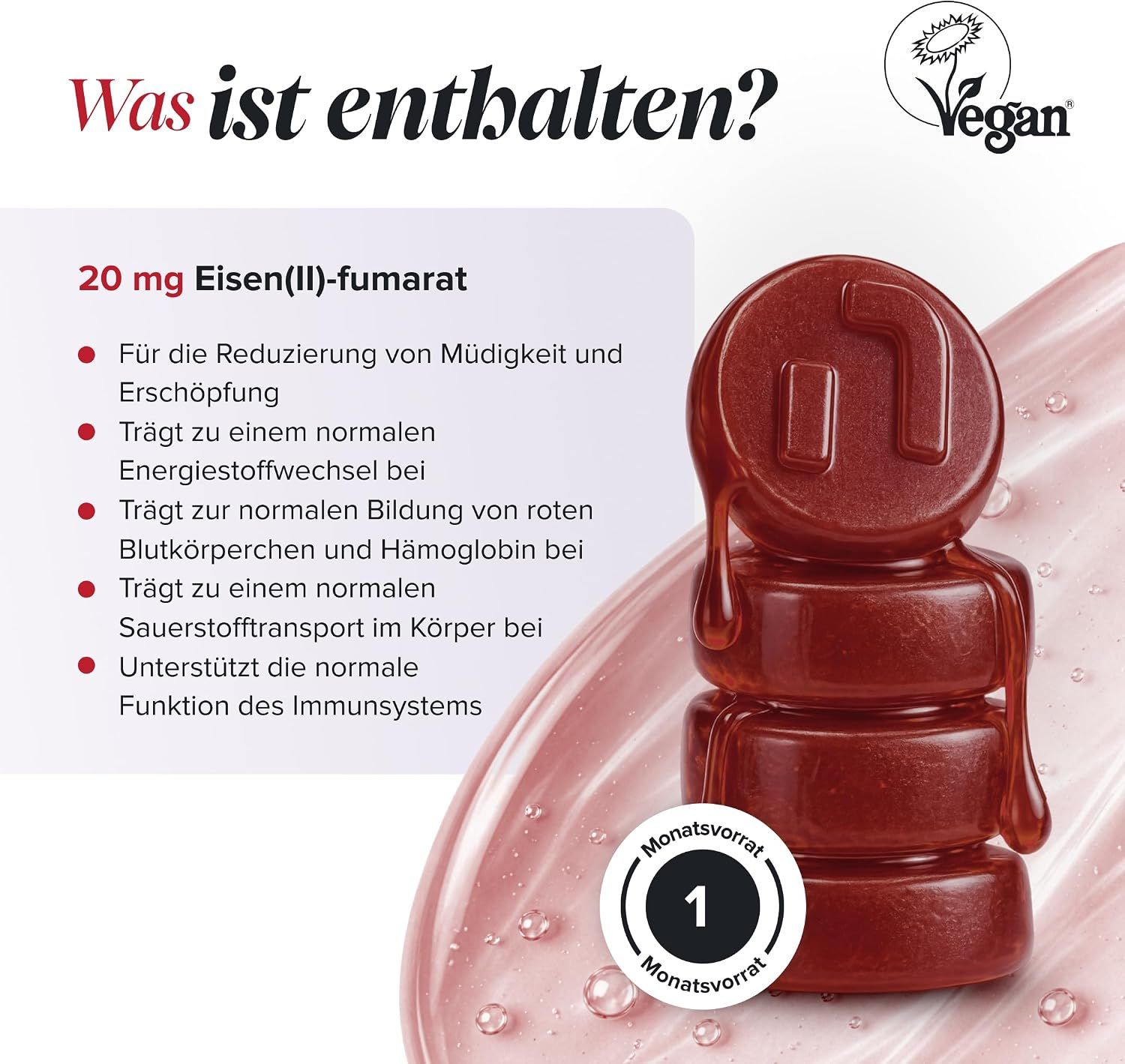 Gummibärchen mit 20 mg Eisen(II)-fumarat. Vegan-Siegel. Monatliche Vorratspackung.