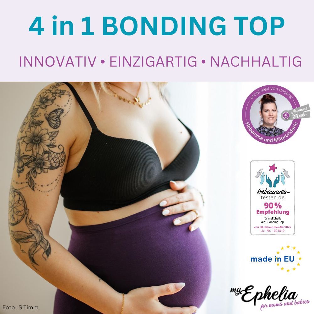 Schwarzer BH und violettes Bauchband. Aufschrift: 4 in 1 BONDING TOP. Logo: myEphelia. Zertifizierung: Hebammen-Testen.