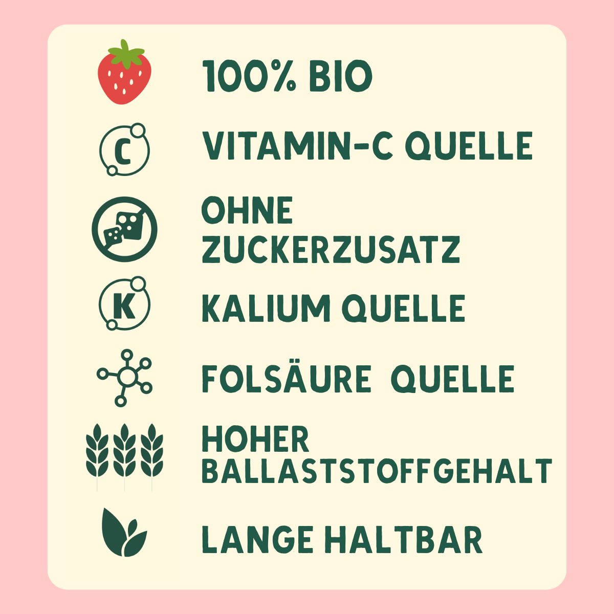Textfeld mit Informationen: 100% Bio, Vitamin-C-Quelle, ohne Zuckerzusatz, Kaliumquelle, Folsäurequelle, hoher Ballaststoffgehalt, lange haltbar.