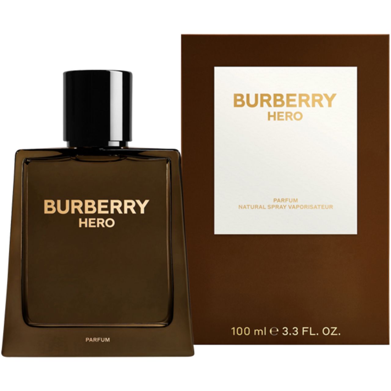 Burberry Hero Parfum Nat. Spray und Verpackung. Braune Flasche und Box. Goldener Schriftzug.