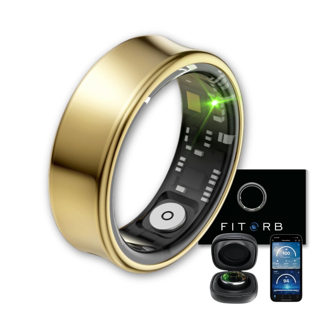 Goldfarbener Ring mit schwarzem Innenleben. Inklusive Ladestation, App-Anzeige und Verpackung mit Logo.
