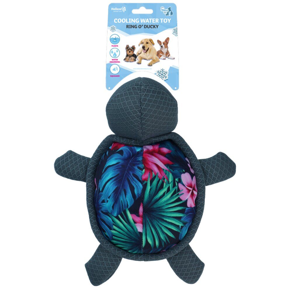 Kühltierspielzeug in Schildkrötenform. Graues Netzgewebe, farbiger Innenstoff mit Blumenmuster. Anhänger mit Produktname und Hundeabbildungen.