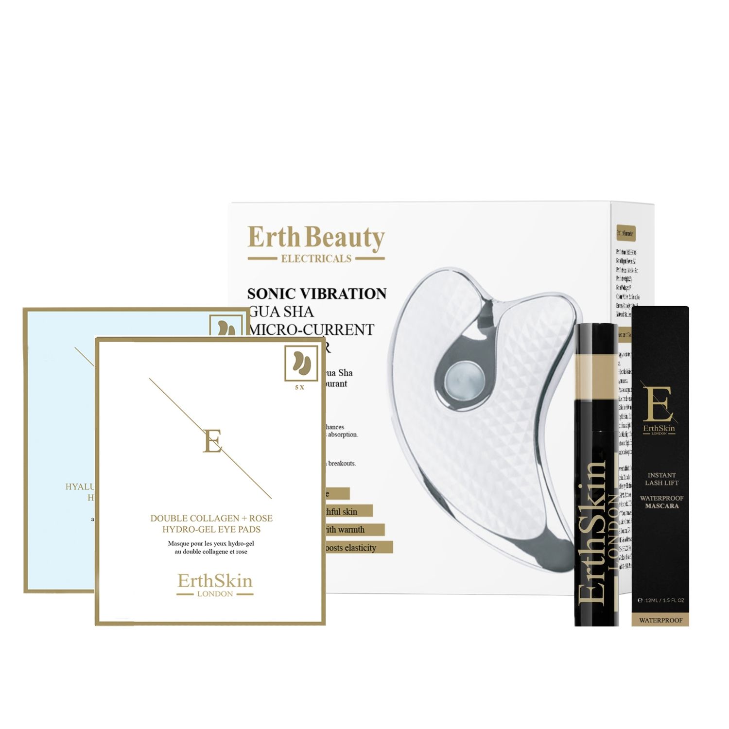 Set mit Augenpads, Mascara, Gua Sha-Tool und Box. Gua Sha-Tool aus Metall. Mascara-Tube und -Box mit Logo.
