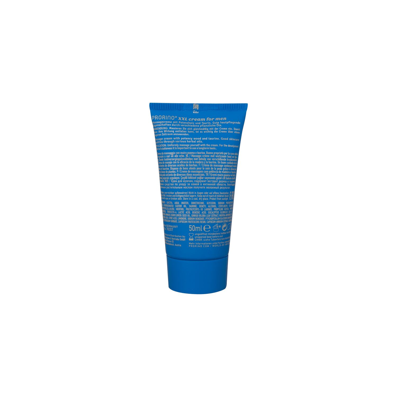Blaue Tube mit Text. Enthält 50ml Creme. Rückseite der Tube mit Produktinformationen.