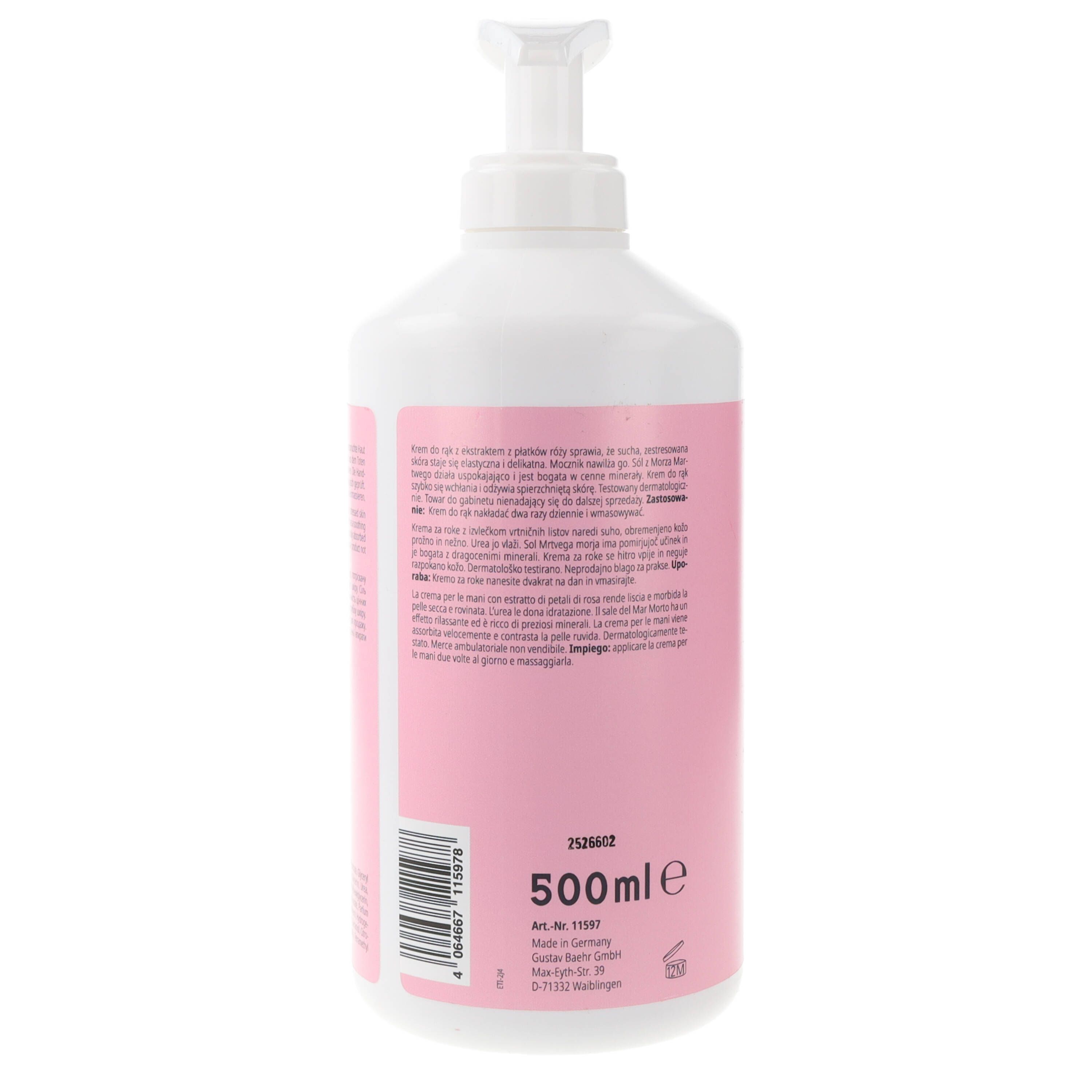 Weiße Flasche mit rosa Etikett und Pumpe. Rückansicht mit Text und Volumenangabe: 500ml.