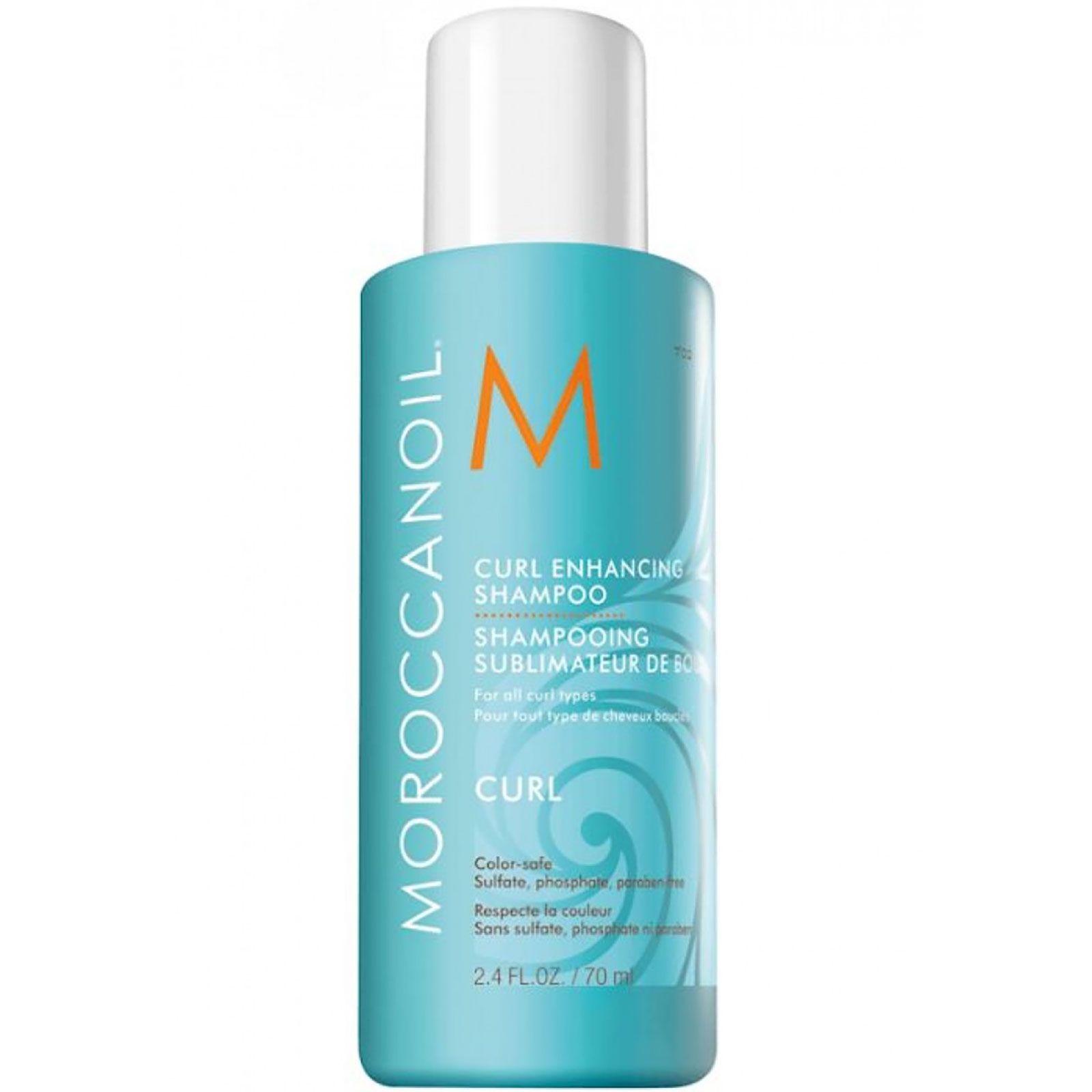 Kleine türkise Flasche mit Moroccanoil Curl Enhancing Shampoo.