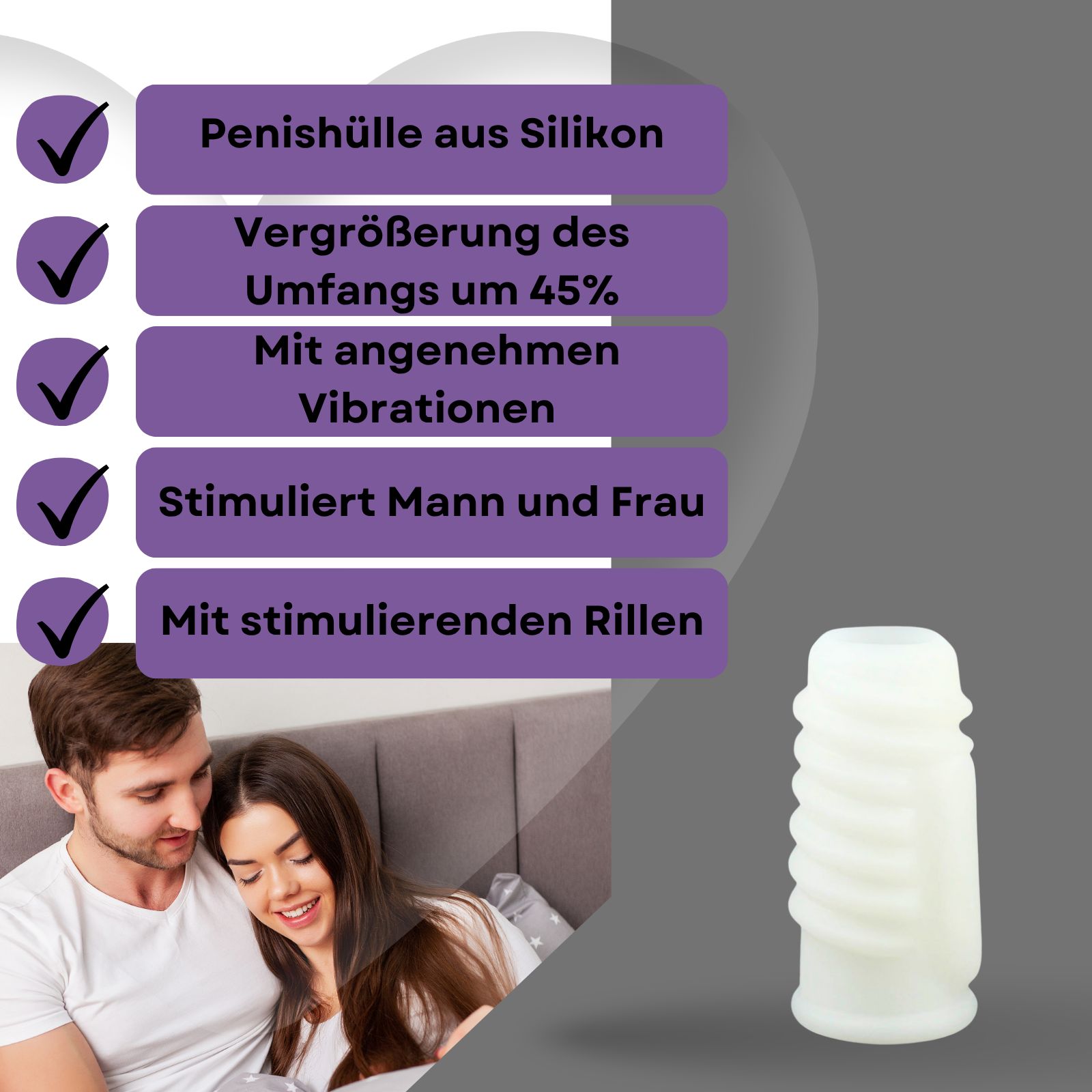 Weißes, geriffeltes Produkt. Zylindrische Form mit spiralförmigen Rillen. Hintergrund: Paar im Bett.