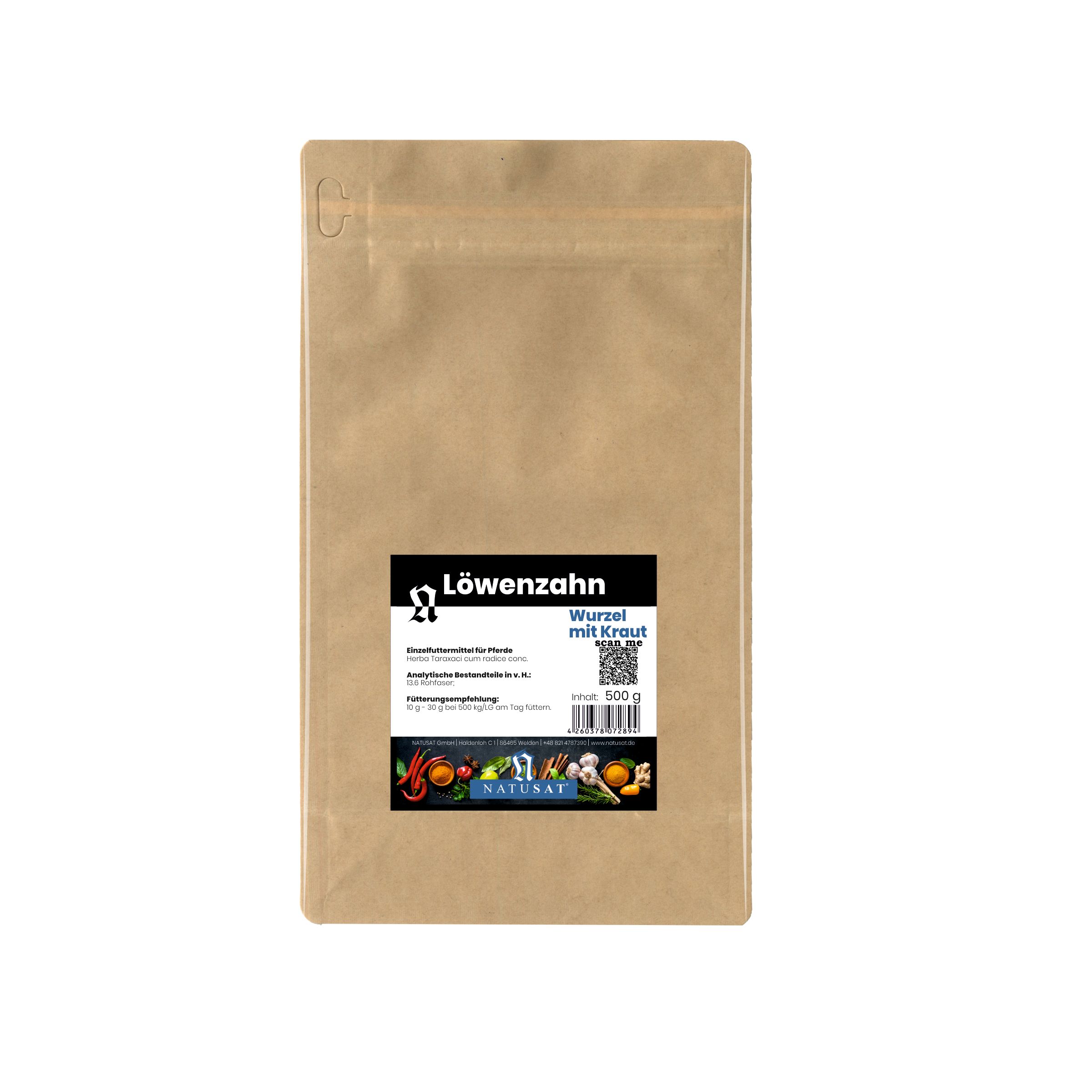 Braune Papiertüte mit Aufdruck. Aufschrift: Löwenzahn Wurzel mit Kraut. Marke: Natusat. Mit Barcode und Logo.