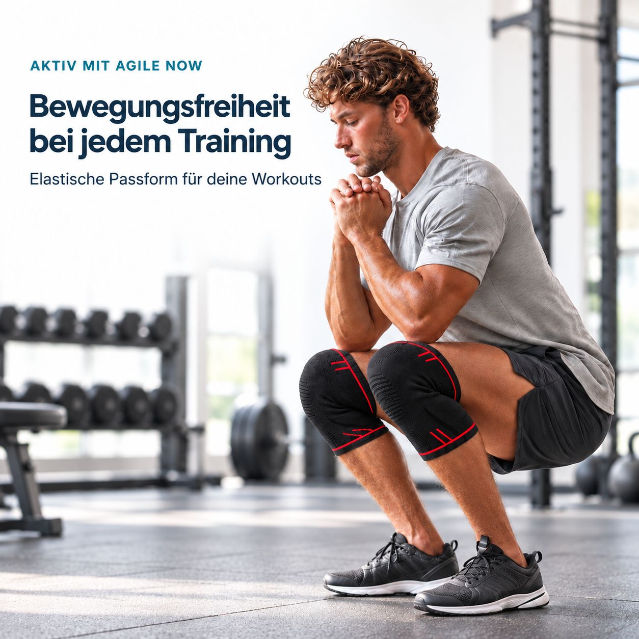 Mann in Fitnessstudio mit Kniebandagen beim Squatting, für maximale Bewegungsfreiheit beim Training.