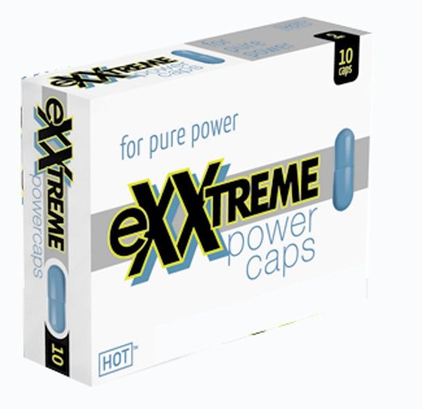 Verpackung von "eXXtreme power caps". Blaue Kapsel abgebildet. 10 Kapseln. Text: for pure power. Produktpräsentation.