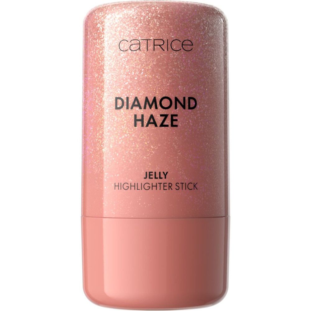 Rosa Highlighter-Stick. Geschlossene Verpackung. Auf dem Stick steht "Catrice", "Diamond Haze" und "Jelly Highlighter Stick".