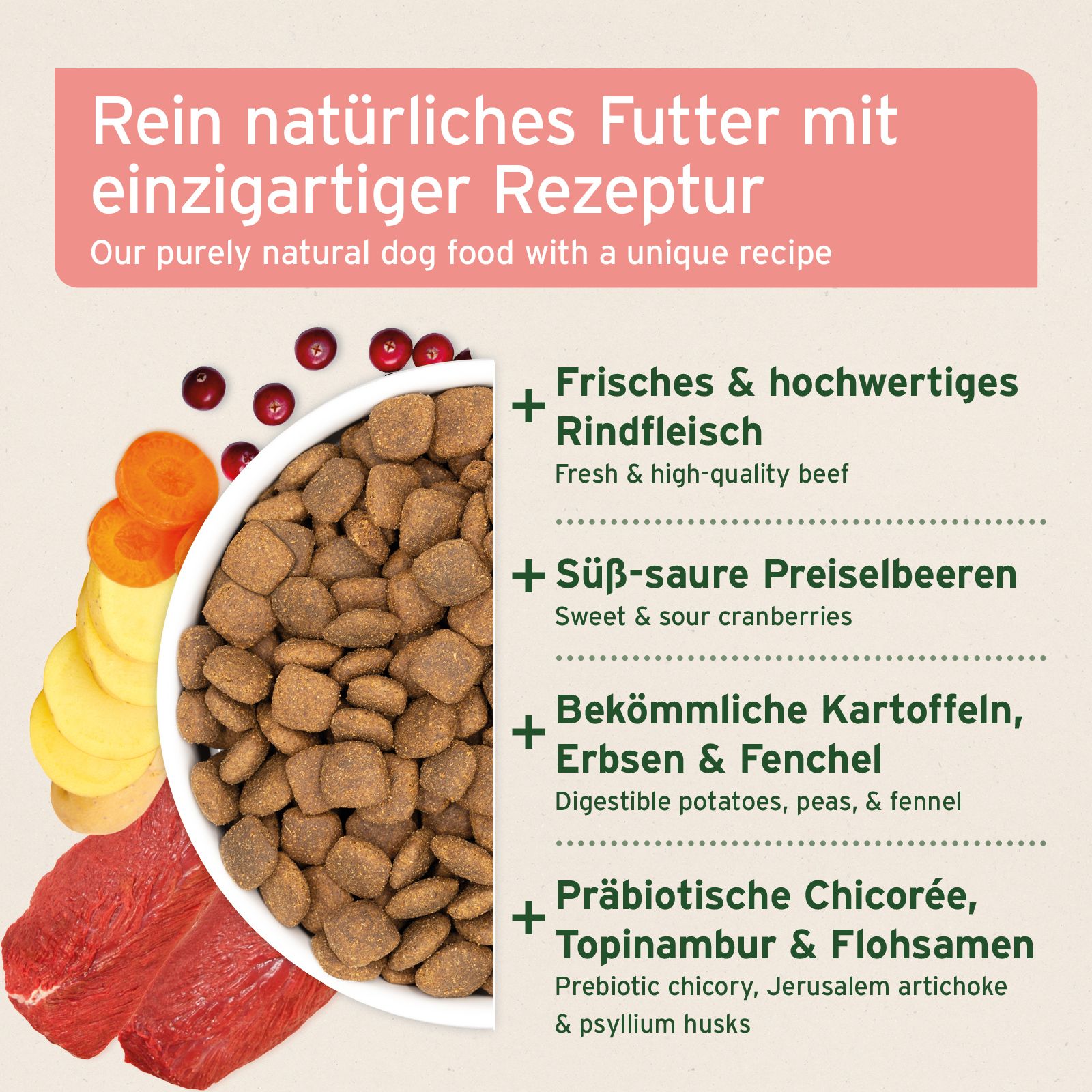 Nahaufnahme von Trockenfutter-Pellets in einer Schüssel. Daneben Gemüse und Fleisch. Text: Inhaltsstoffe, wie Rindfleisch und Cranberries.