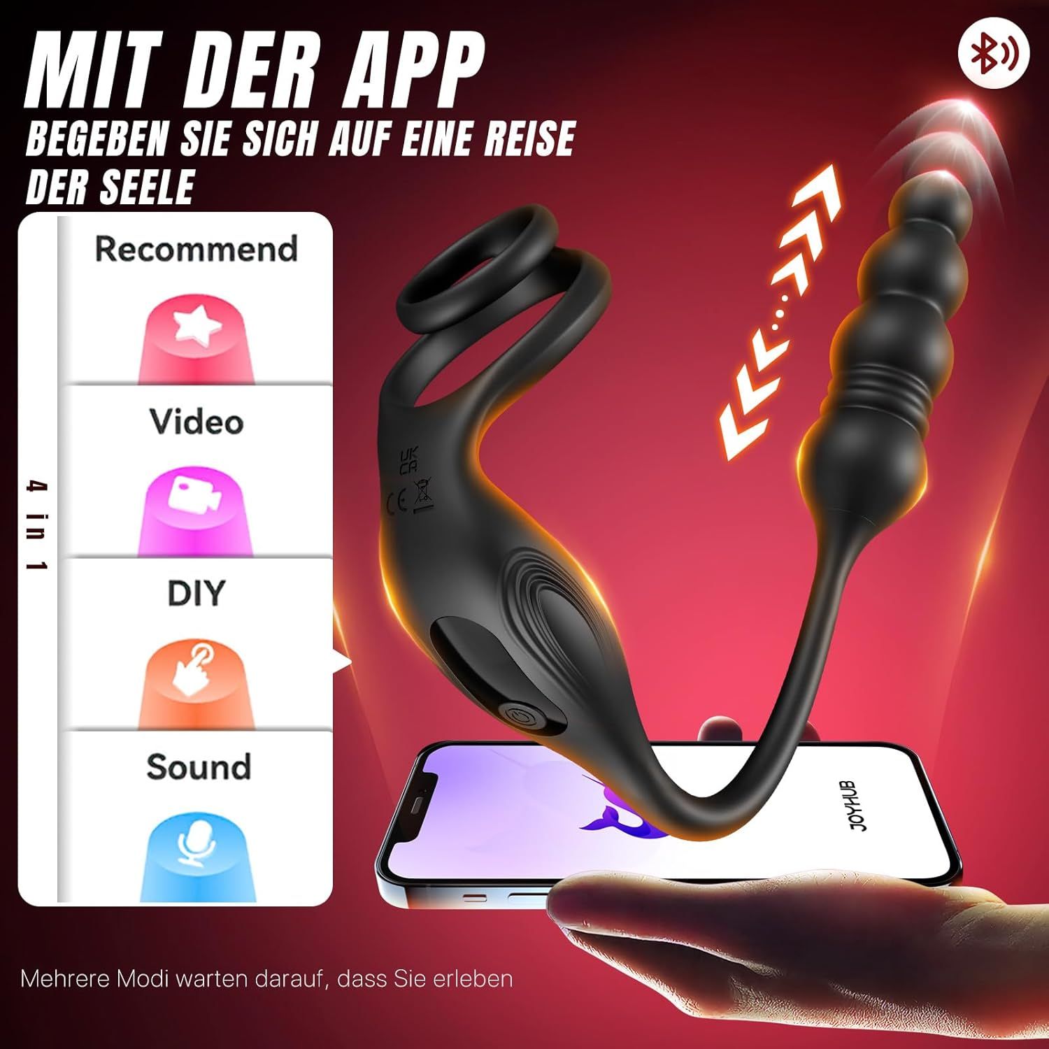 Schwarzer Stimulator mit App-Steuerung, 4 Modi: Video, DIY, Sound, Empfehlung.