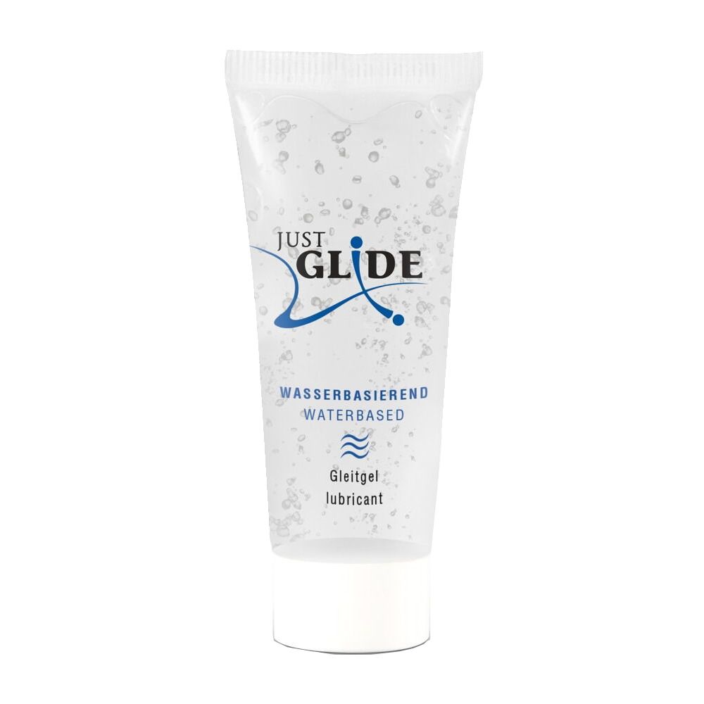Tube mit Aufschrift: JUST GLIDE, Wasserbasiert, Medizinische Gleitgel. Weißer Deckel.