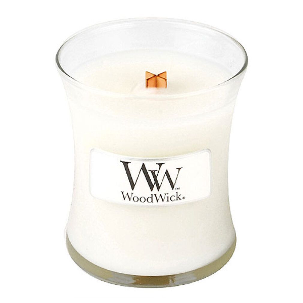 Kerze in Sanduhrform mit Holzdocht. Etikett mit 'WoodWick'.