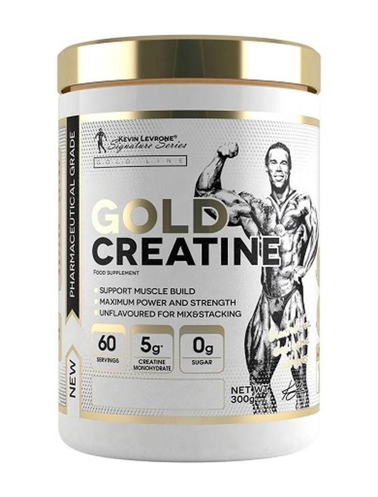 Weißes Supplement-Behälter mit goldenem Deckel. Aufschrift: GOLD CREATINE. Enthält 60 Portionen, 5g Kreatin-Monohydrat, 0g Zucker.