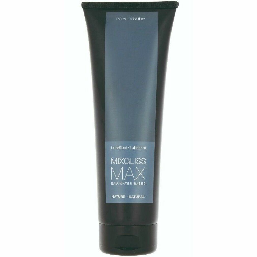 Dunkelgraue Tube mit blauem Etikett. Text: Mixgliss Max, Eau/Water Based. Oben: 150 ml.