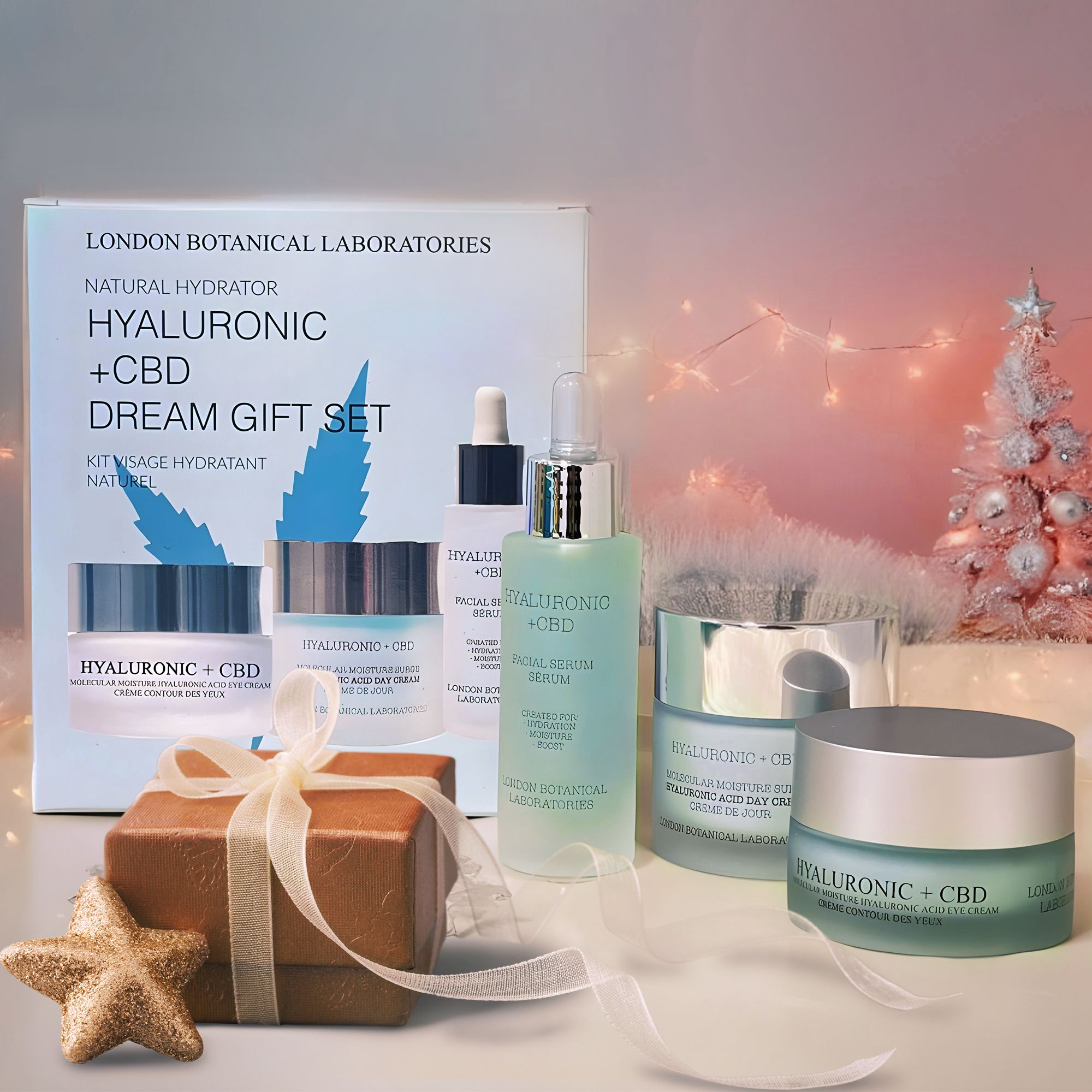 London Botanical Laboratories Hyaluronic + CBD Geschenkset mit Gesichtscreme, Augencreme und Serum, weihnachtlich dekoriert.