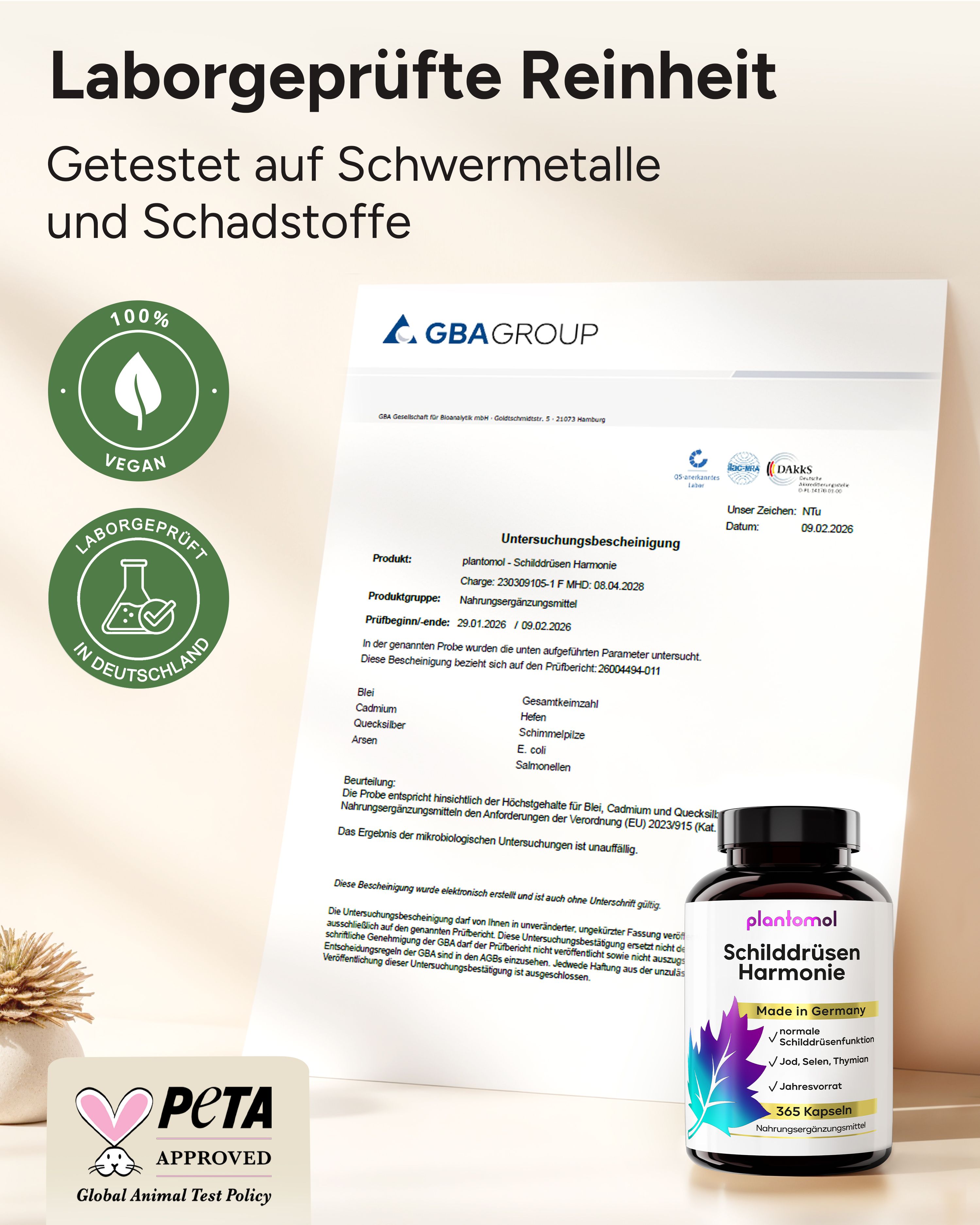 Laborgeprüfte Reinheit. Vegan-Siegel. PETA-Siegel. Produkt mit plantomol Schilddrüsen Harmonie und Analysebericht.