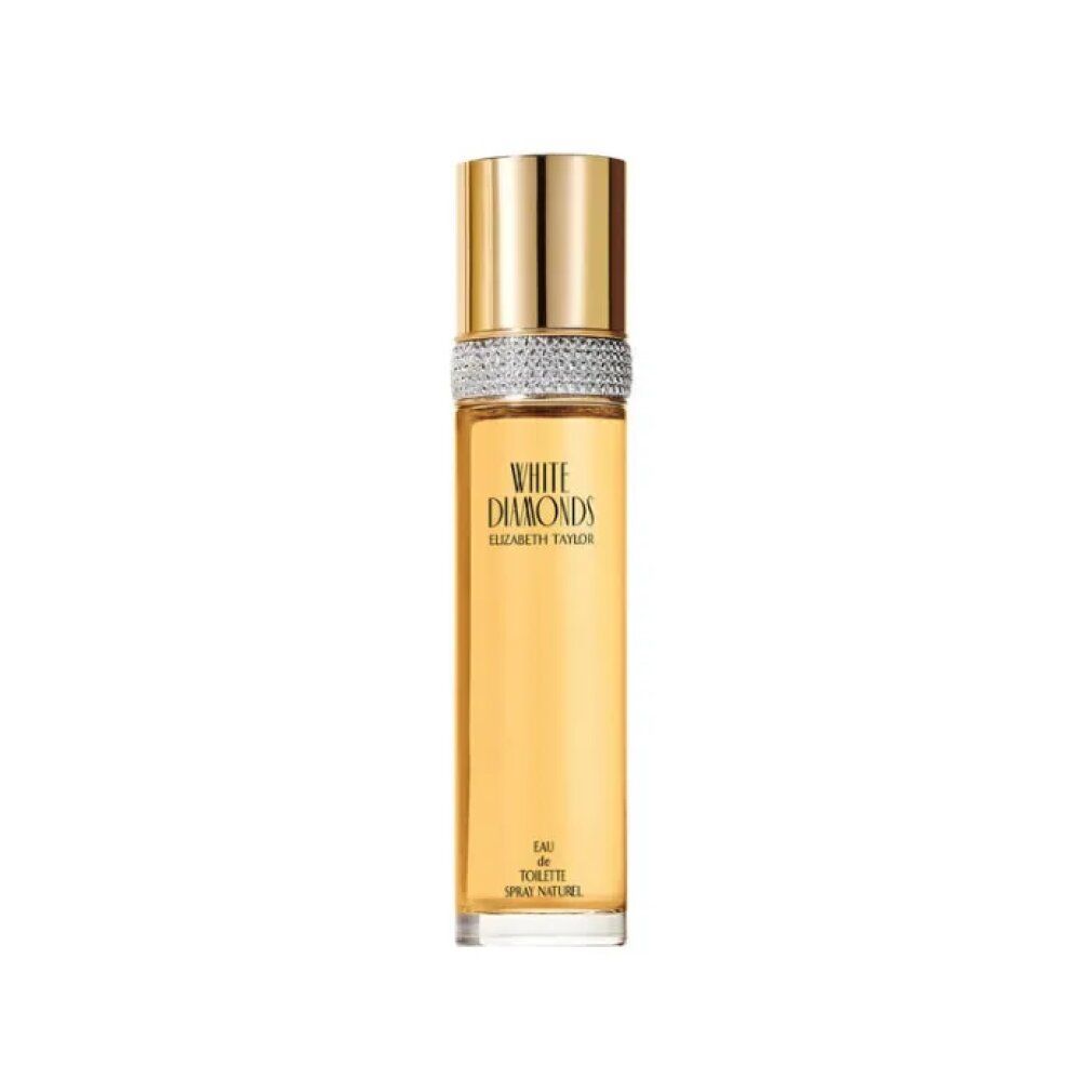 White Diamonds Eau de Toilette Flakon. Goldfarbener Deckel, silberner Ring, Schriftzug. Transparenter Flakon.