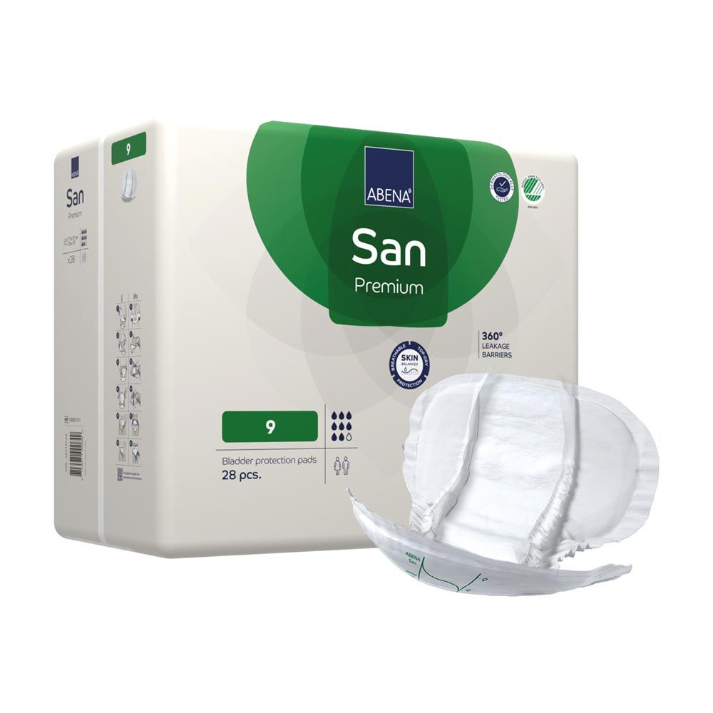 ABENA San Premium Vorlagen 9, Packung mit 28 Stück. Sichtbar: Logo, 360° Auslaufbarrieren, Hautschutz. Grün-weiße Verpackung.