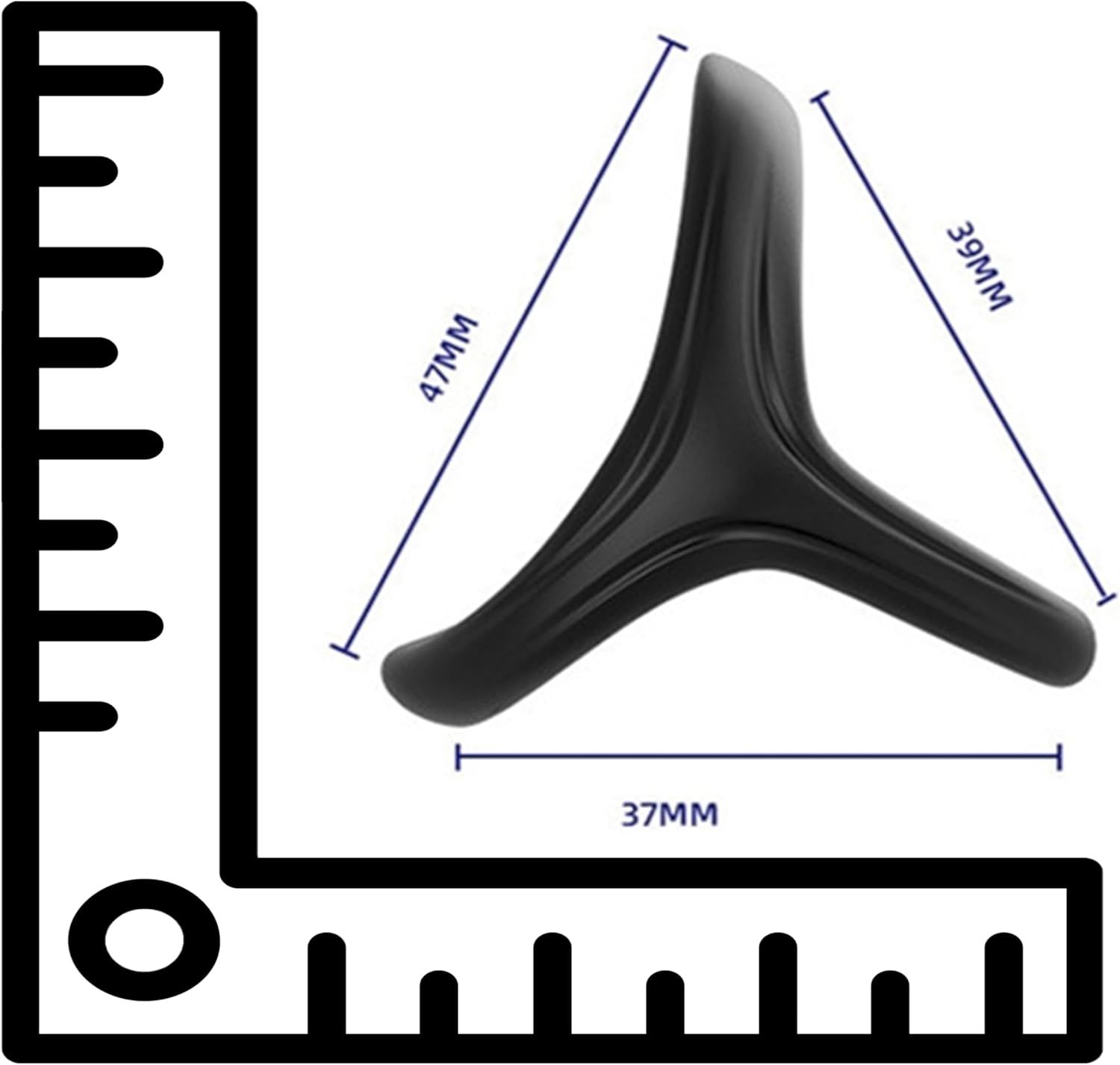 Schwarzer Penisring mit Maßangaben. Dreieckige Form. Maße: 47mm, 39mm, 37mm.