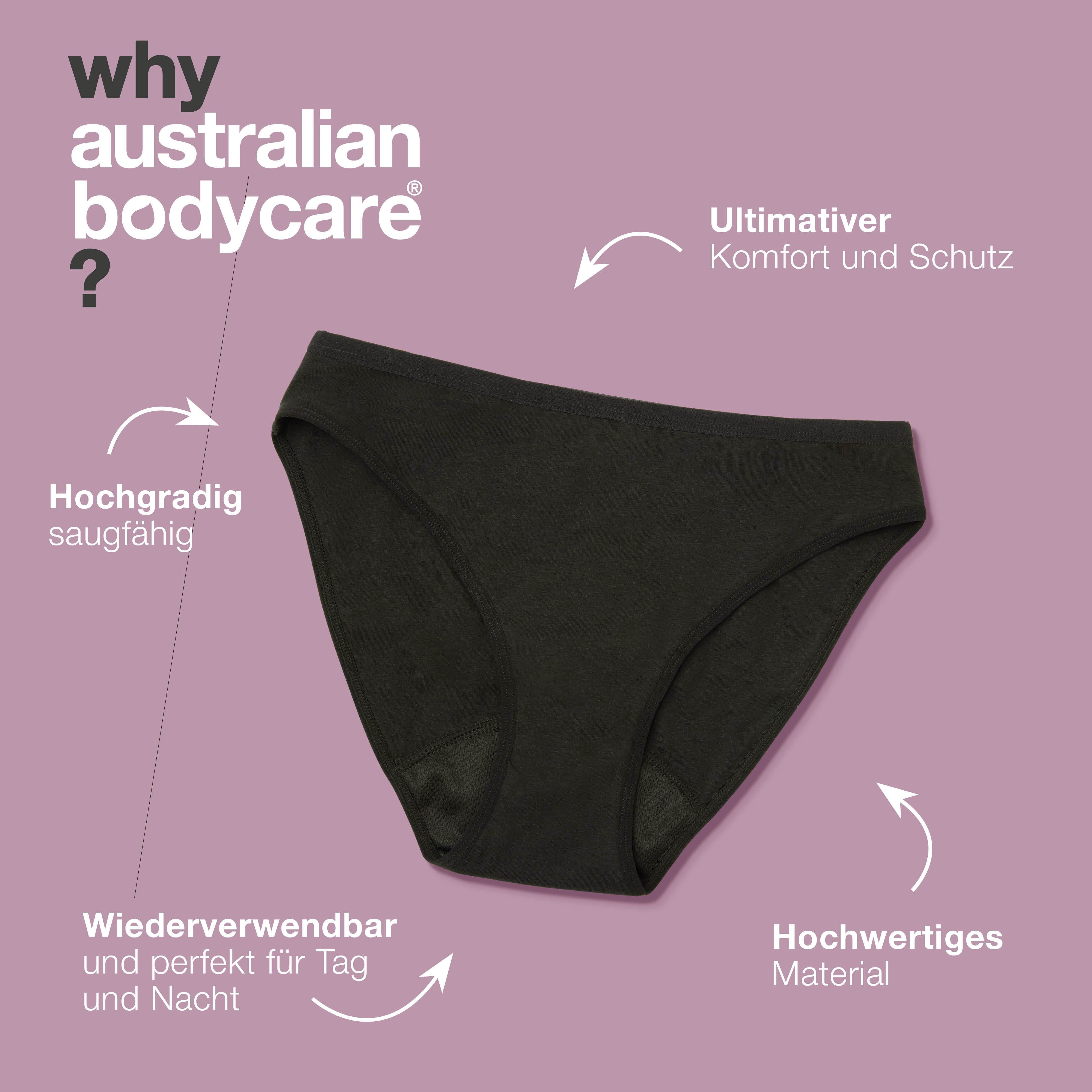 Schwarze Periodenunterwäsche. Text: Sehr absorbierend, wiederverwendbar, hochwertiges Material, Komfort und Schutz.