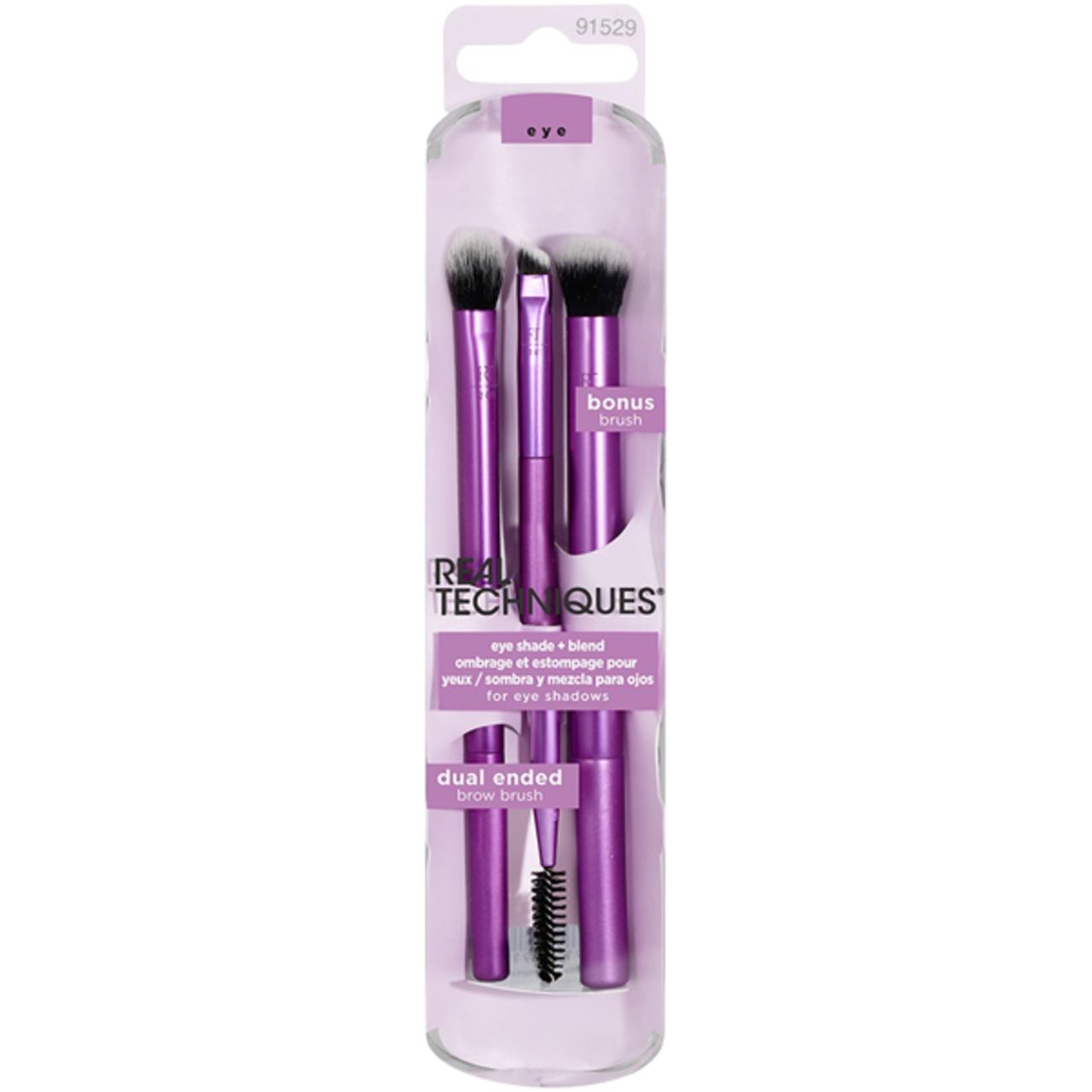 Verpackung mit Make-up-Pinsel-Set. Enthält Pinsel mit lila Griffen und schwarzen Borsten. Produktname und Marke sichtbar.