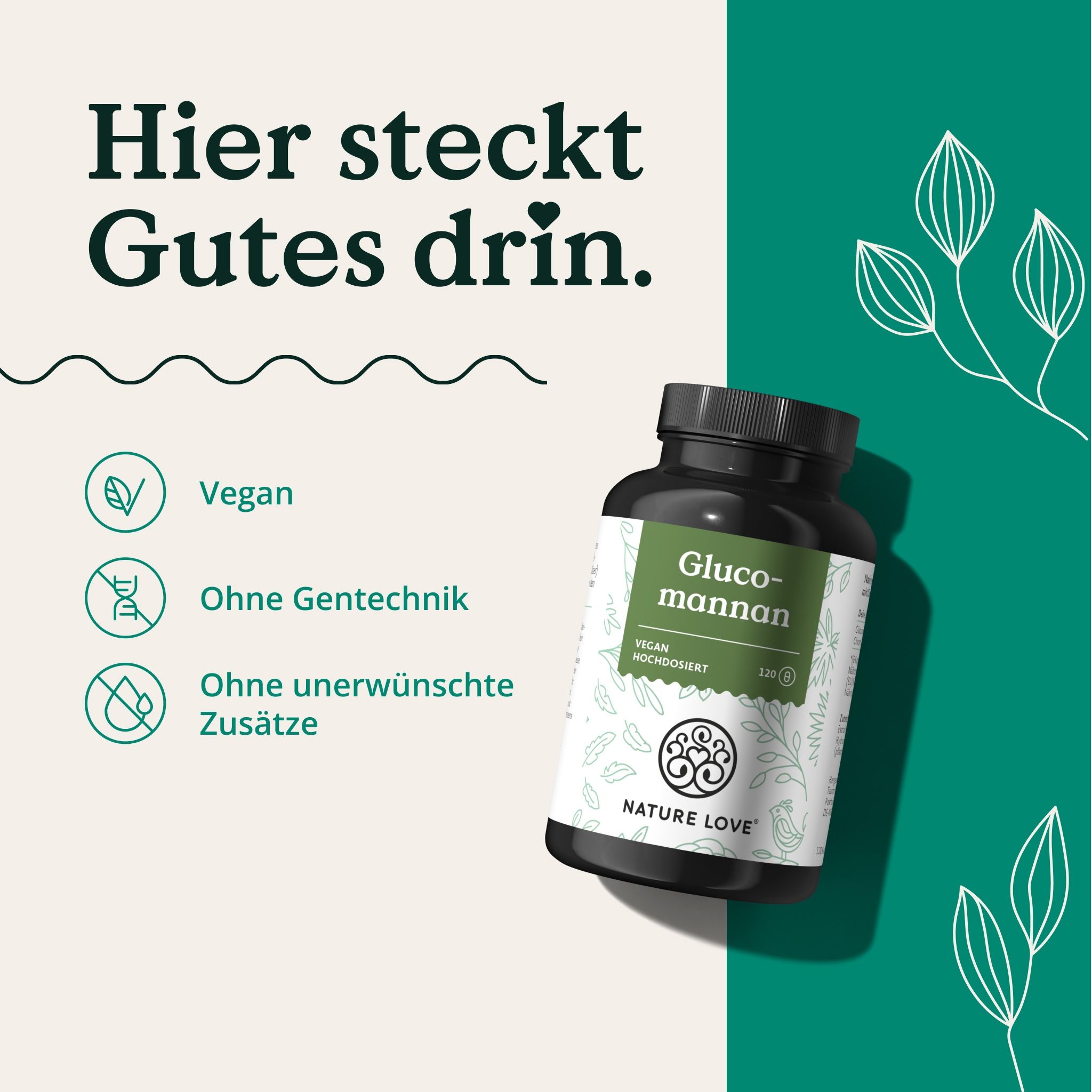 Braune Flasche mit grünem Etikett. Aufschrift: Glucomannan, vegan, ohne Gentechnik, ohne unerwünschte Zusätze. Marke: NATURE LOVE®.